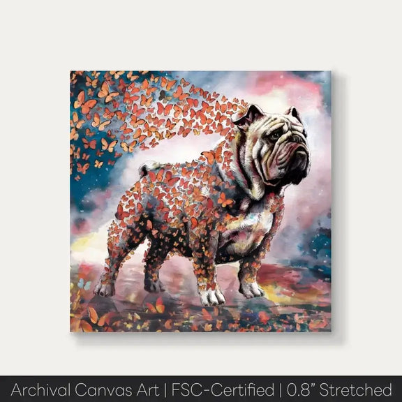 English Bulldog watercolor painting with butterflies, vibrant wall art from Wings of Life Series, ideal for home decor.