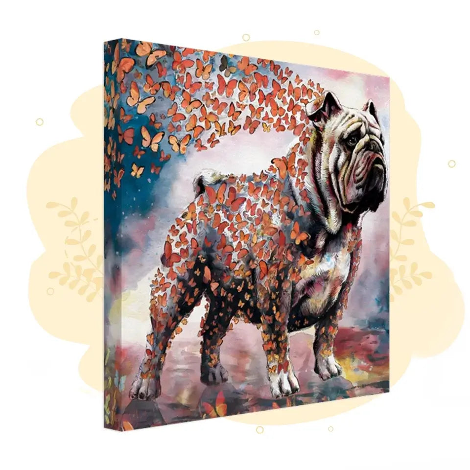 English Bulldog watercolor wall art with butterflies, vibrant home decor from Wings of Life Series, symbolizing life's flow and change.