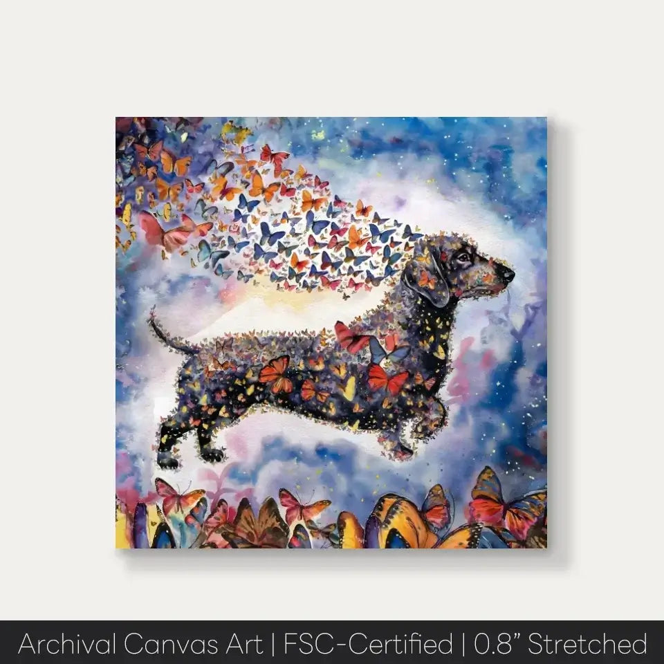 Watercolor Dachshund canvas with butterflies, perfect for personalized gifts and home decor. Wings of Life Series art.