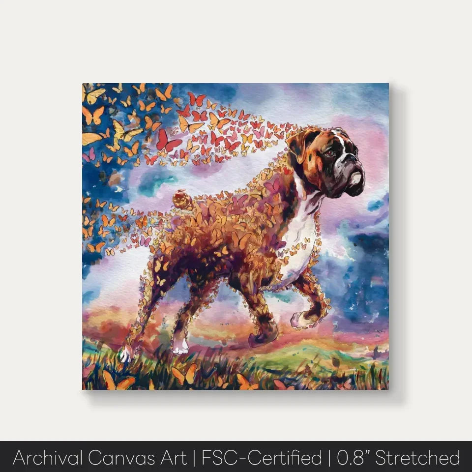 Colorful watercolor painting of a Boxer dog with butterflies, symbolizing energy and freedom, from the Wings of Life Series.