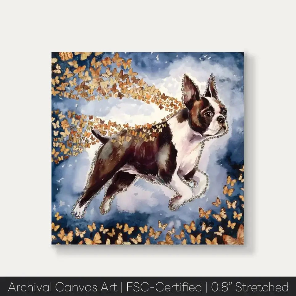 Boston Terrier watercolor painting with butterflies from Wings of Life Series, customizable with your pet's name.