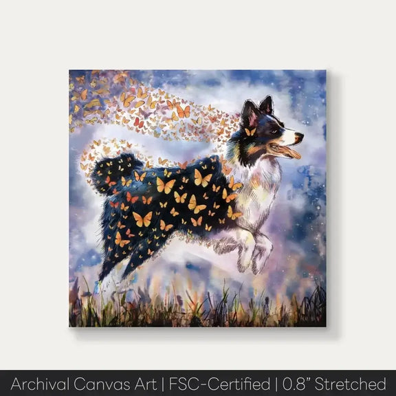 Border Collie watercolor canvas print with butterflies, showcasing intelligence and energy, perfect for wall decor.