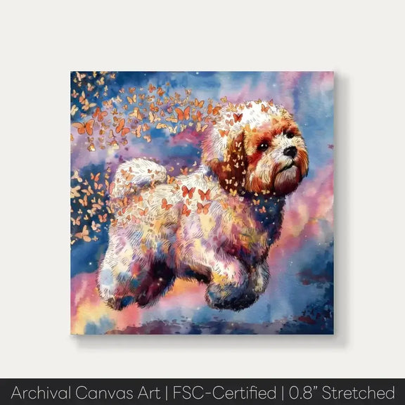 Bichon Frise watercolor canvas with butterflies from Wings of Life Series, showcasing innocence and beauty in vibrant strokes.