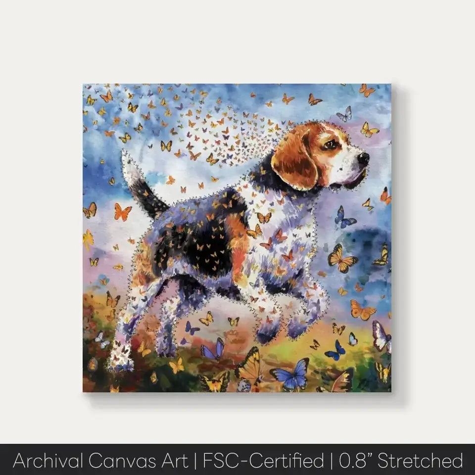 Beagle watercolor canvas painting with butterflies, showcasing the playful nature and vibrant beauty of the "Wings of Life Series."