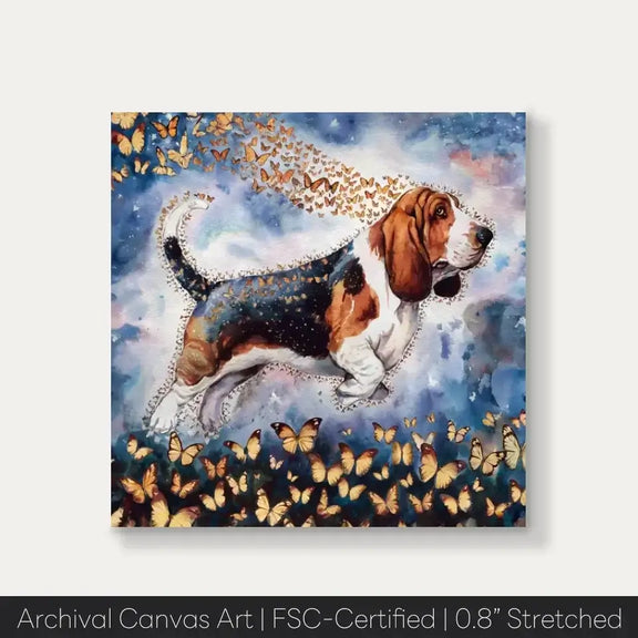 Basset Hound Watercolor Canvas Art from Wings of Life Series with Butterflies, Symbolizing Harmony and Pet Bond, 0.8" Stretched