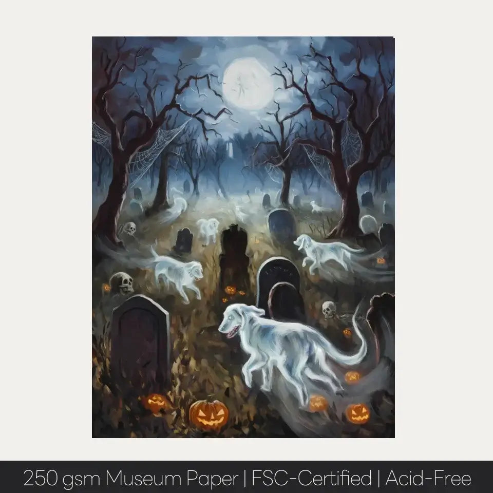 Ghostly dogs in graveyard under full moon, Halloween poster.