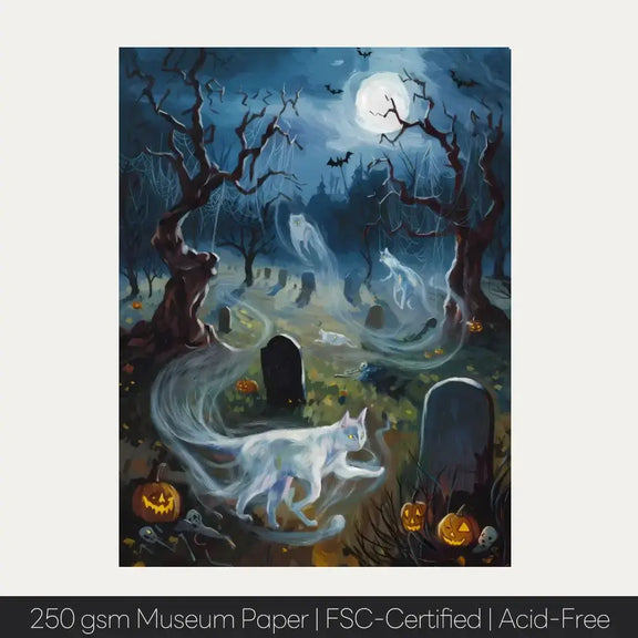 Ghostly cats in graveyard scene under full moon, Halloween-themed art with pumpkins, printed on 250gsm museum paper.