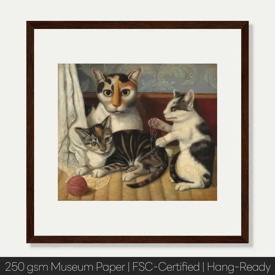 19th-century American art print of a mother cat with kittens, showcasing emotional expression and pet bonding by Meraki Pet.