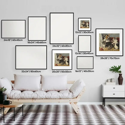 Gallery wall featuring various framed art prints, including 'Cat and Kittens,' with sizes displayed above a modern white sofa.