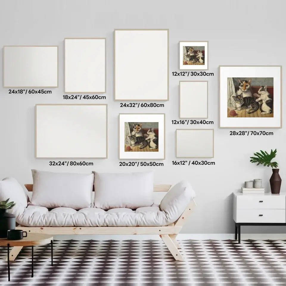 Art print wall display with various sizes, featuring a cozy room with modern furniture and checkerboard flooring.