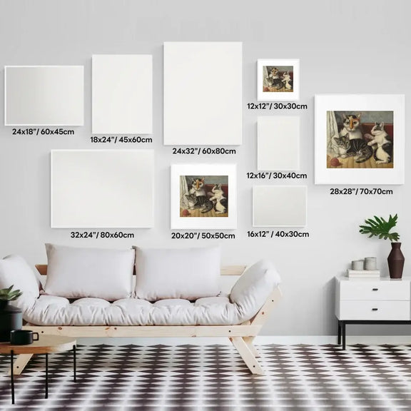 Art print wall display with various sizes showcasing 19th-century American cat and kittens theme above a modern sofa in living room.