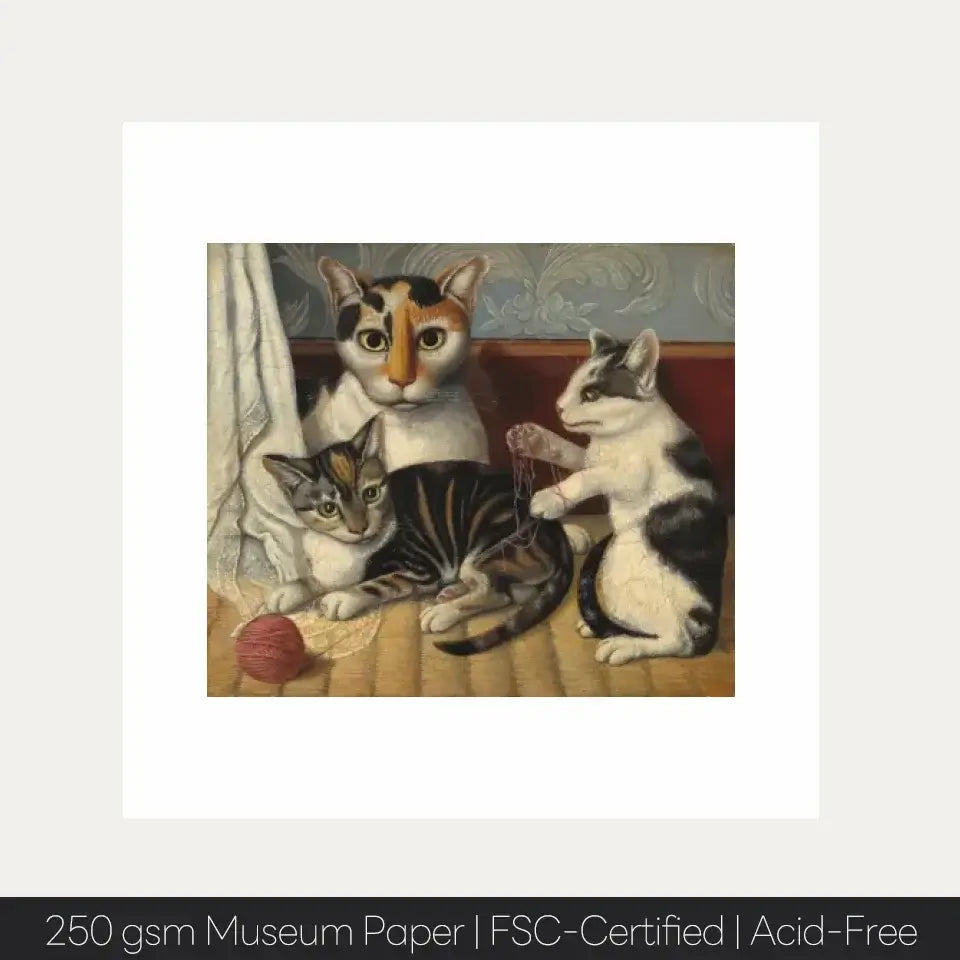 19th-century American art print of a mother cat with kittens, showcasing emotional expression with delicate brushstrokes and soft tones.