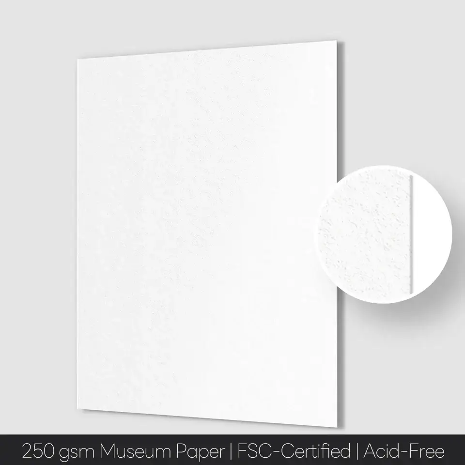 "250 gsm museum paper, FSC-certified and acid-free, detailed view"