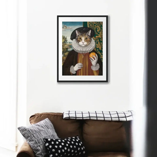 Renaissance cat art print with orange, blending humor and history in a playful portrait above a modern sofa.