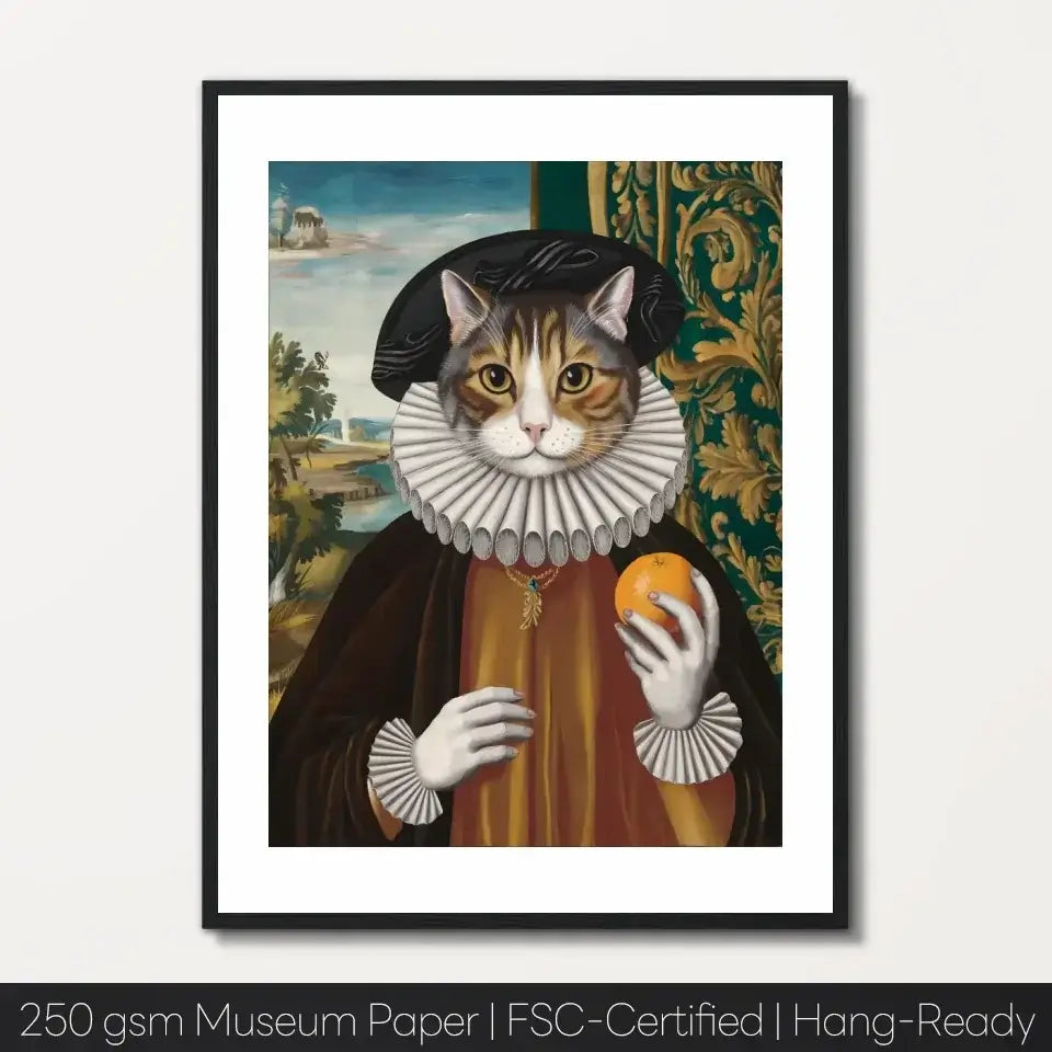 Renaissance cat art print holding an orange, blending humor with classical style and depicting temptation and curiosity.