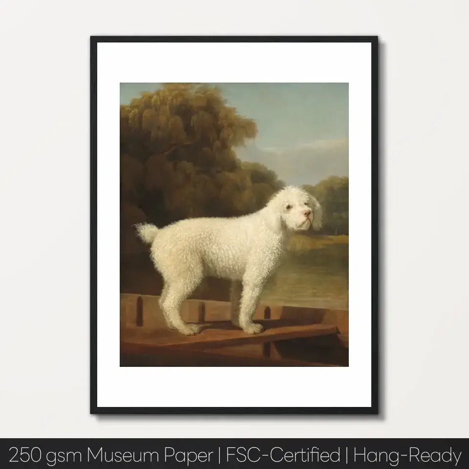 Classic Victorian art print featuring a white poodle in a boat, exuding elegance and charm, perfect for home decor.