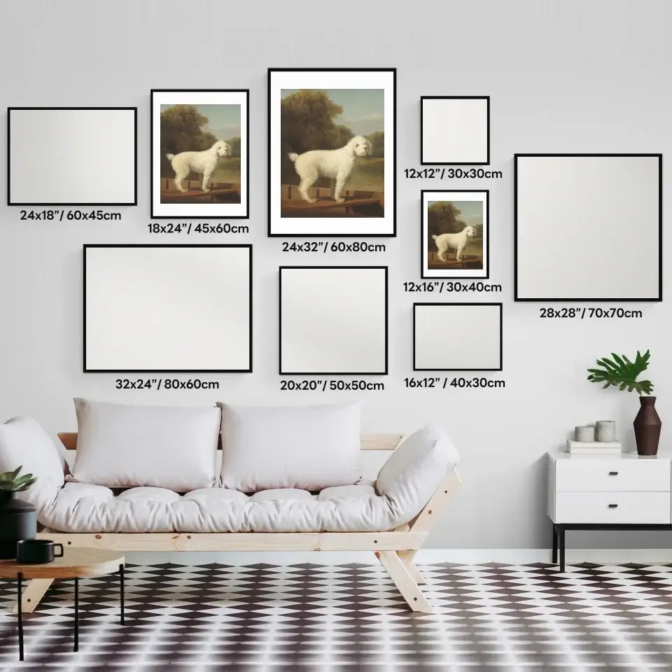 Classic Victorian art prints featuring a white poodle in various sizes displayed on a wall above a modern sofa.