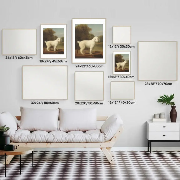 Gallery wall showcasing various sizes of Classic Victorian Dog Art prints featuring a white poodle in a tranquil setting.