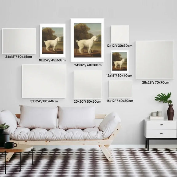 Victorian white poodle art print display in various sizes on wall above sofa in modern living room setting.