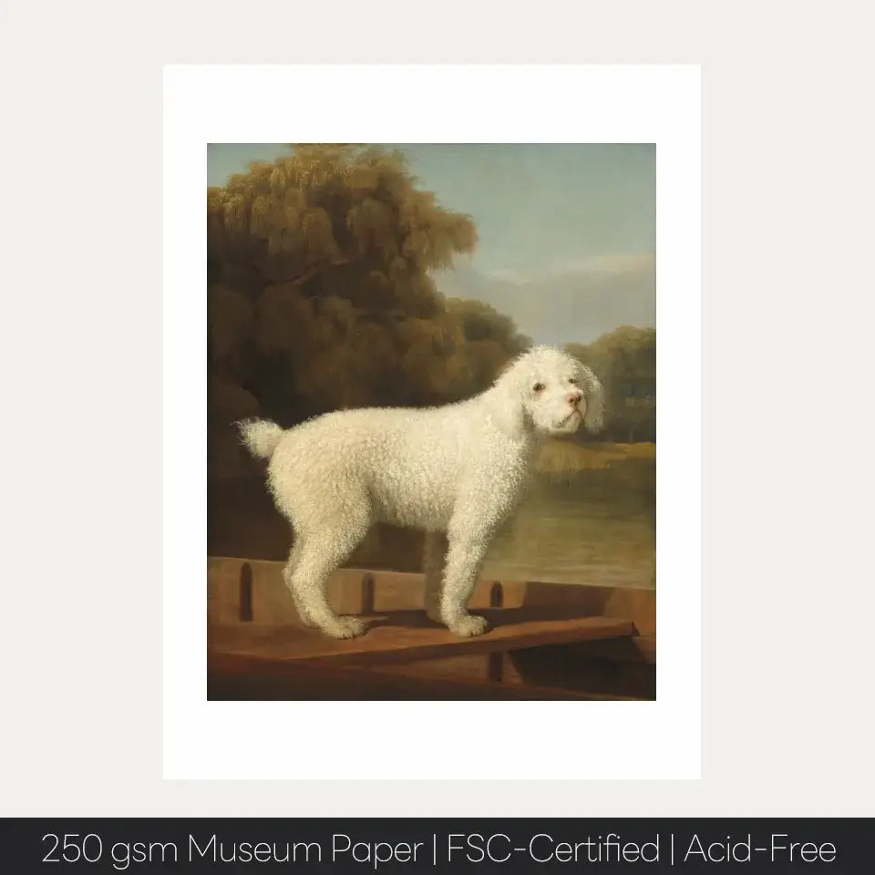 Victorian art print of a white poodle on a boat, showcasing elegance and charm, printed on 250 gsm museum-quality paper.