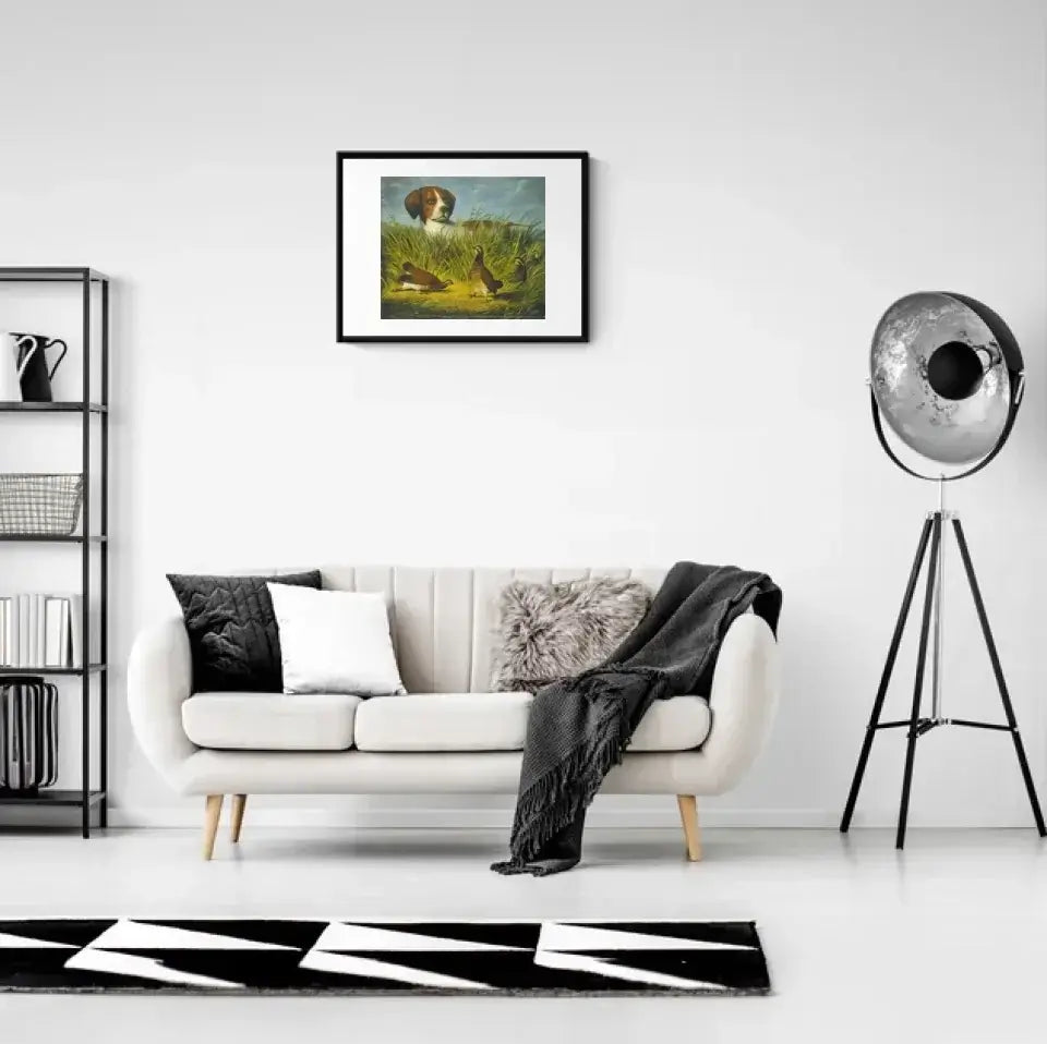 Modern living room with "Classic Hunting Dog Art" print on wall, featuring a hunting dog focused on pheasants, sofa, and stylish decor.