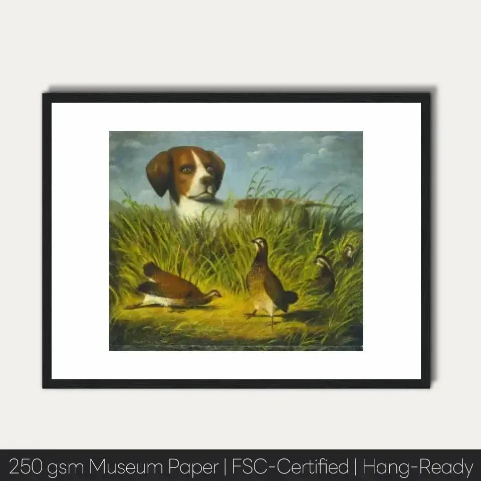 Vintage 1854 art of hunting dog watching pheasants in grass, highlighting instincts and training. Museum-quality, hang-ready print.