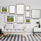 Gallery wall showcasing different sizes of frames with hunting dog art prints above a modern sofa.