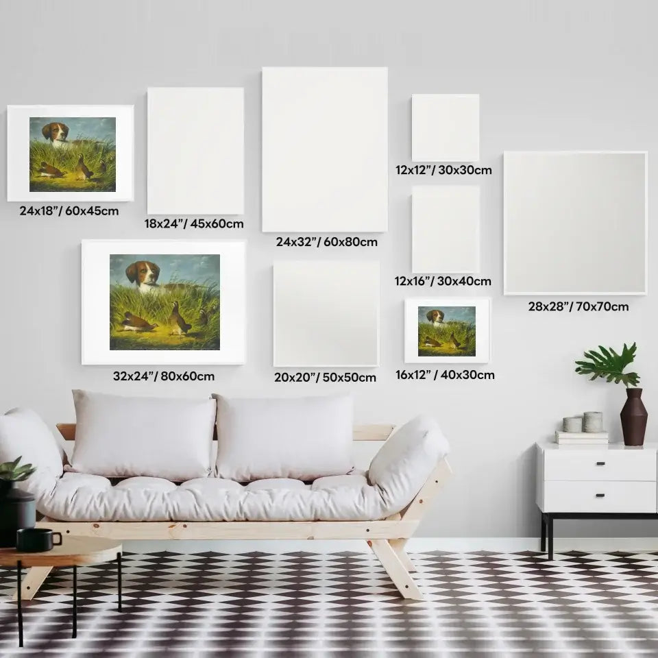 "Art prints displayed on wall including Classic Hunting Dog theme in various sizes, suitable for modern home decor."