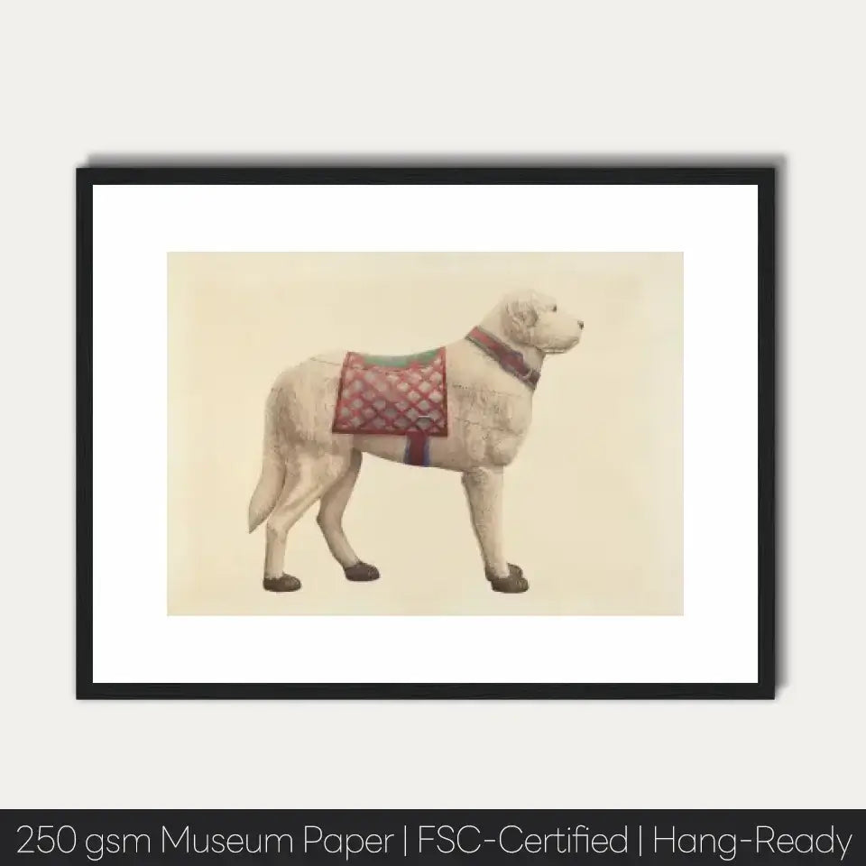 Vintage carousel dog art print by Robert Pohle, featuring a nostalgic 1938 design with retro charm, framed and museum-quality.