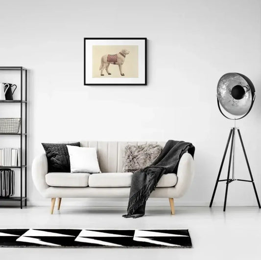 Modern living room with framed "Carousel Dog" print by Robert Pohle on wall, featuring vintage 1938 carousel art.