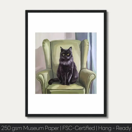 Feline Glimpse of Existence art print featuring a cat on a chair, ideal for pet lovers and art enthusiasts.