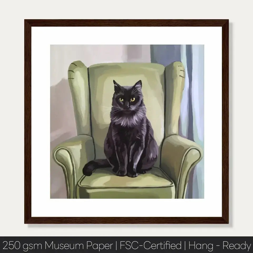 Feline Glimpse of Existence art print featuring a black cat on a green chair, printed on 250 gsm museum-quality paper.