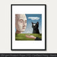 Cat's Philosophical View art print exploring cats, humans, and nature on museum-grade paper, featuring a black cat and human face.