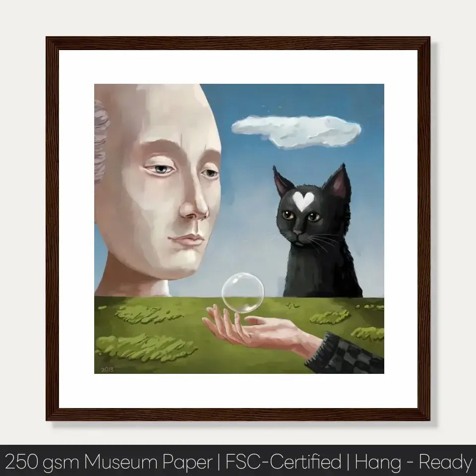 Art print depicting a philosophical scene with a human and a cat under a cloud, exploring nature and connection.