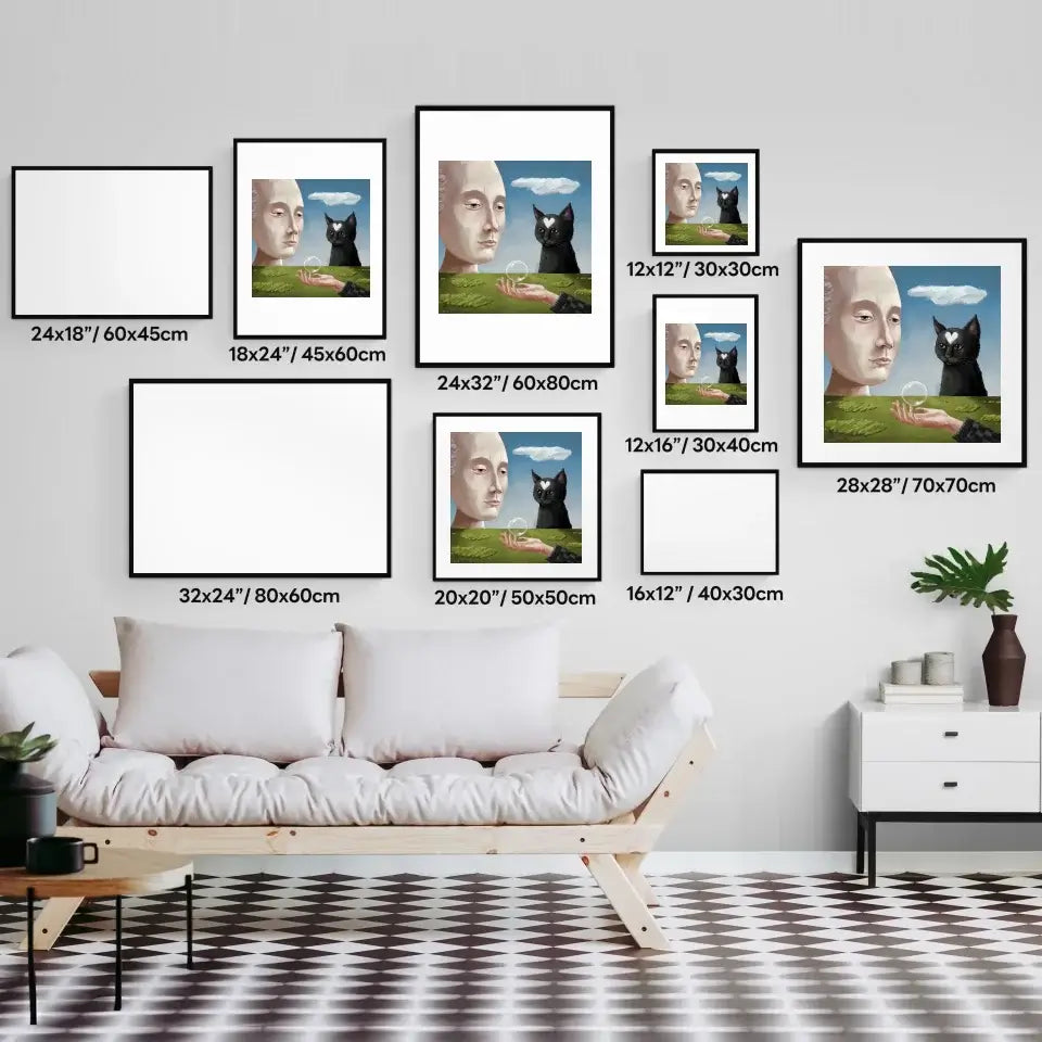 "A Cat’s Philosophical View art prints displayed in various sizes on a modern living room wall"