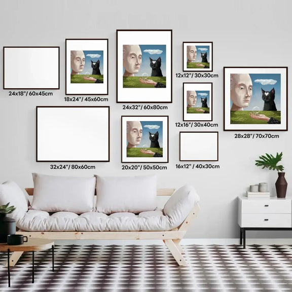 Art prints of a cat with human and nature themes displayed in various frame sizes above a stylish sofa.