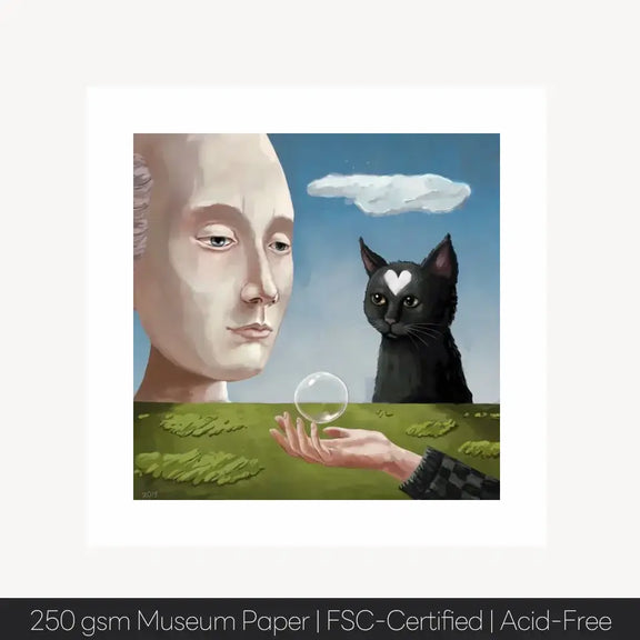 Philosophical art print featuring a cat and human, showcasing the relationship between humans, cats, and nature.