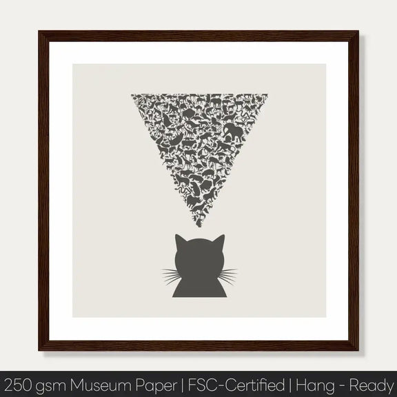 Silhouette of a cat observing a triangle of animals, Nature’s Observer art print on museum paper, showcasing nature's interconnectedness.