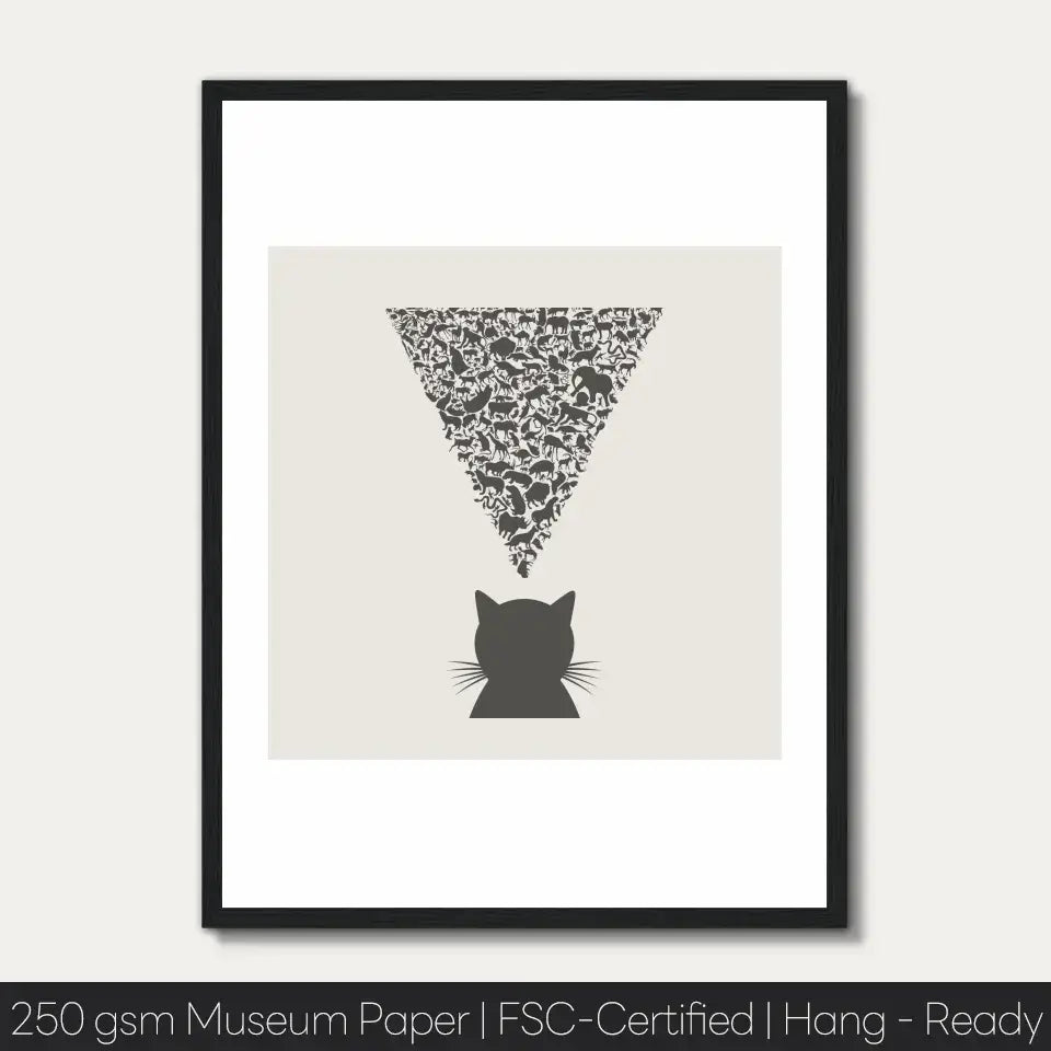 Art print featuring a cat silhouette beneath a triangle of animals, symbolizing observation and nature's interconnectedness