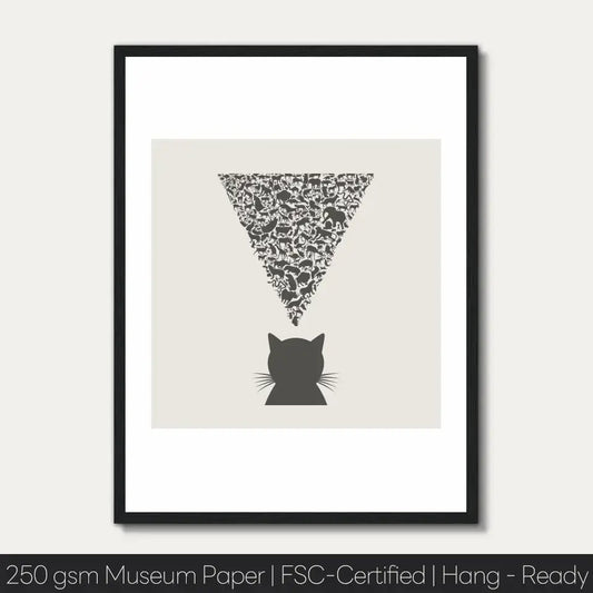 Art print featuring a cat silhouette beneath a triangle of animals, symbolizing observation and nature's interconnectedness