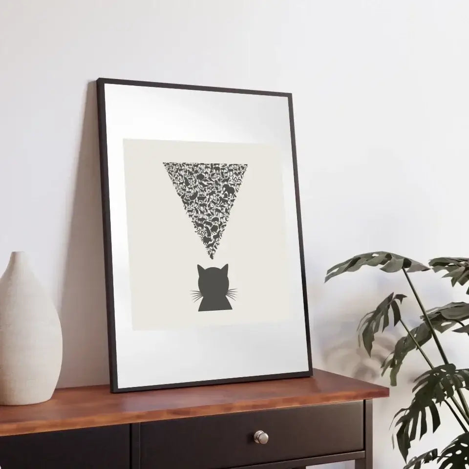 "Nature's Observer art print featuring a cat silhouette and intricate animal pattern, highlighting natural observation and interconnectedness."