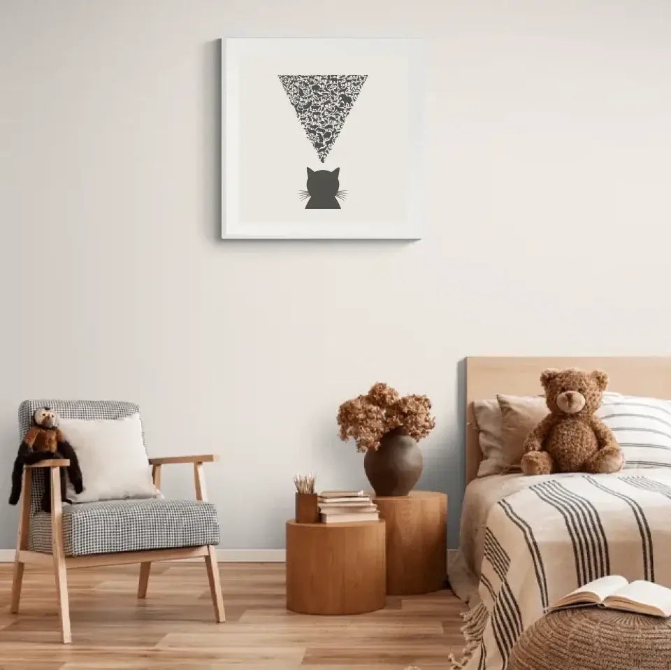 "Nature’s Observer art print of a cat silhouette with animals, set in a cozy bedroom with neutral decor and plush toys on bed"