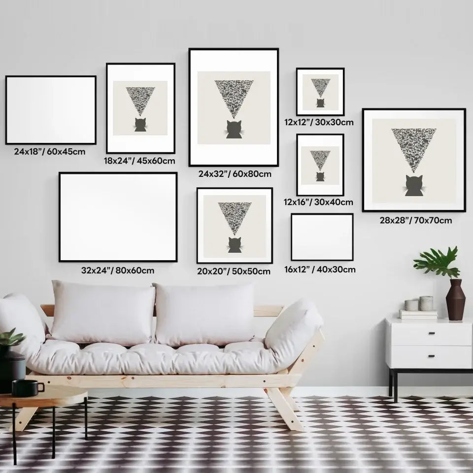 Elegant living room wall showcasing Nature’s Observer art prints in various sizes, featuring a cat silhouette with intricate animals.