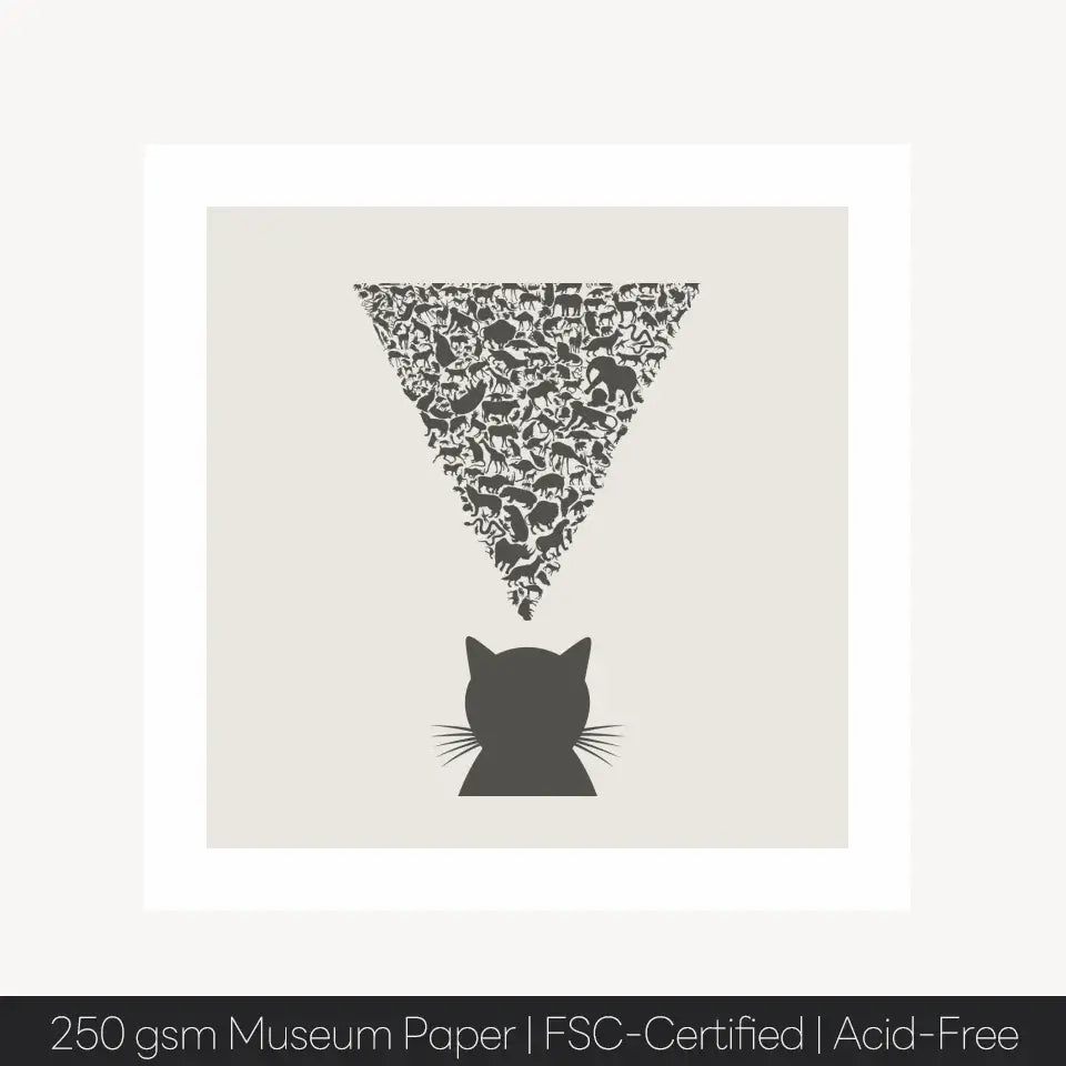 "Nature's Observer art print featuring a cat silhouette and intricate animal arrangement, printed on 250gsm museum paper."