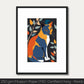 Colorful Matisse-inspired cat art print with bold lines and vibrant colors, displayed in a black frame.