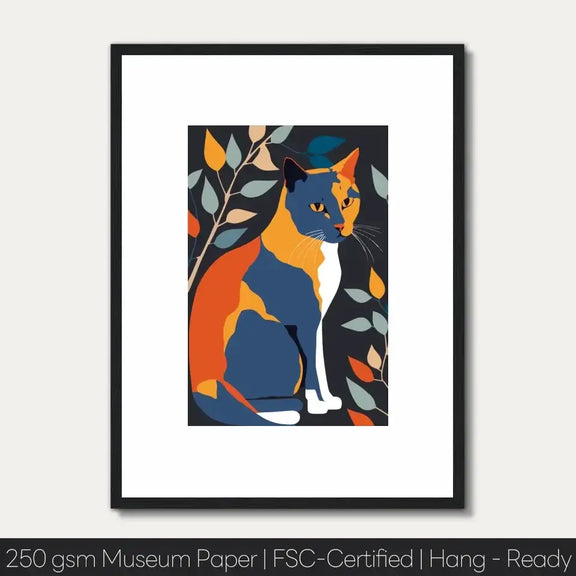 Colorful Matisse-inspired cat art print with bold lines and vibrant colors, displayed in a black frame.