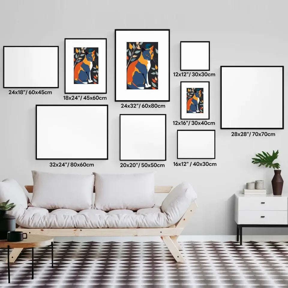 Colorful Matisse Cats Art Prints displayed in various sizes on a stylish living room wall.