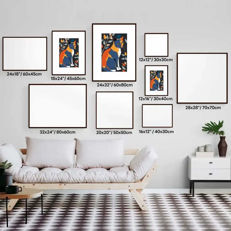 Colorful Matisse Cats Art Prints in various sizes displayed on a living room wall above a couch with monochrome flooring.