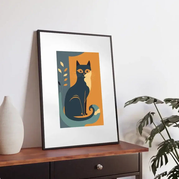 Modern Matisse-style cat print in a frame, blending nature with vibrant art, displayed on a wooden sideboard with a plant.