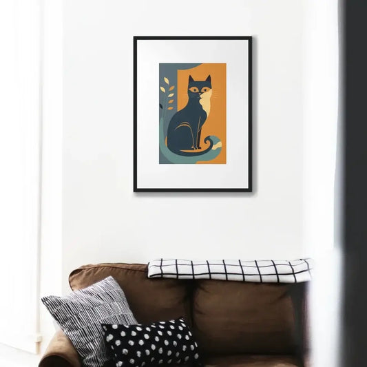 Nature Cat Matisse print on wall above brown sofa, blending modern art and elegance with vibrant colors and fluid lines.